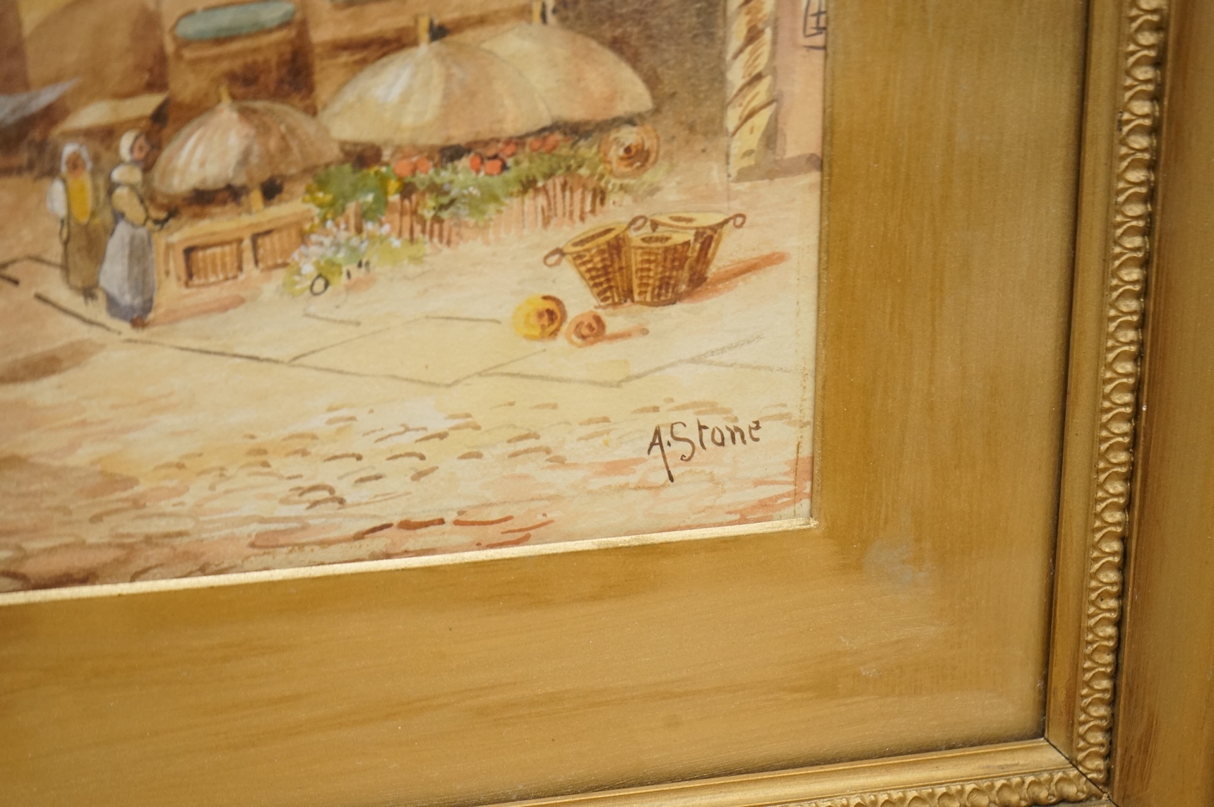 Ada Stone (1879-1904), pair of watercolours, Mechelen and Bruges street scenes, signed, gilt framed, 49 x 29cm